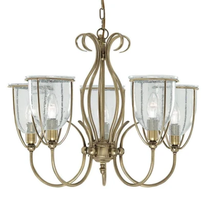 Image of Silhouette 5 Light Multi Arm Ceiling Pendant Antique Brass with Seeded Glass Shades, E14