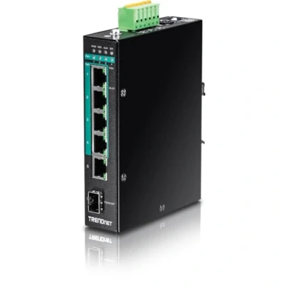 Image of TRENDnet 5 Port Hardened Industrial Gigabit PoE+ DIN Rail Switch, TI PG541, 120 W Power Budget, 1 x SFP Slot, IP30 Rated Ethernet Unmanaged Network Switch