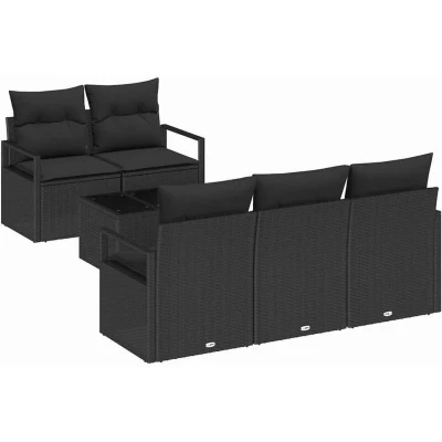 Image of vidaXL 6 Piece Garden Sofa Set with Cushions Black Poly Rattan