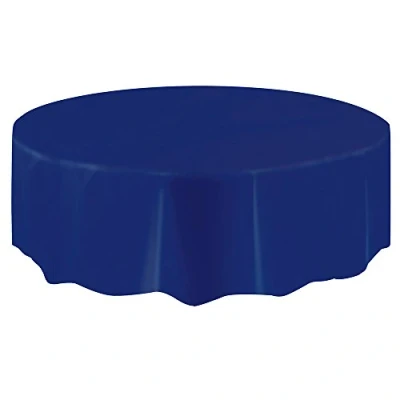 Image of True Navy Blue Solid Round Short Fold Plastic Table Cover (213cm) 1 Count Vibrant &amp; Durable Party Essential for Easy Cleanup and Decoration