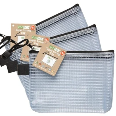 Image of eco Mini 95% Recycled Super Strong Bag, Waterproof Mesh Tuff Reinforced, Black/Clear Zip Closure, Pack of 3,eco036x3