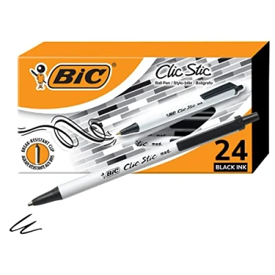 Image of BIC Clic Stic Black Retractable Ballpoint Pens, Medium Point (1.0mm), 24 Count Pack, Round Barrel Design for Comfortable Writing