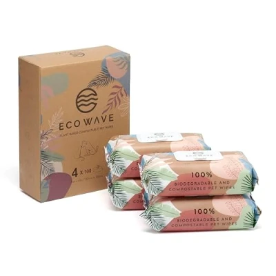 Image of Eco Wave Hypoallergenic Plant Based Pet Wipes, Dog and Cat Grooming Wipes for Face, Ears, Body, Butt, Paws, Fragrance Free, Compostable, 400 Count