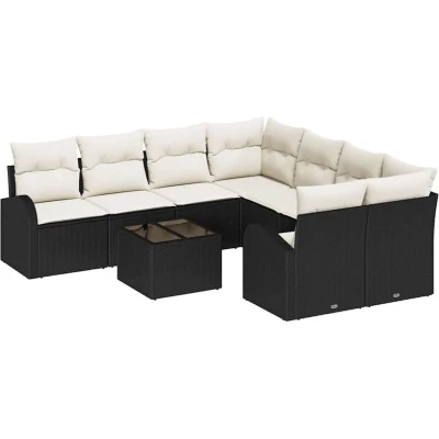 Image of vidaXL 9 Piece Garden Sofa Set with Cushions Black Poly Rattan