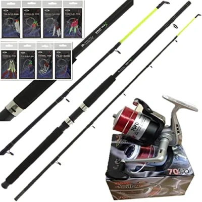 Image of Sea Fishing Boat Rod 6FT Yellow Tip Max + Silk 70 Red Reel 8 Feathers