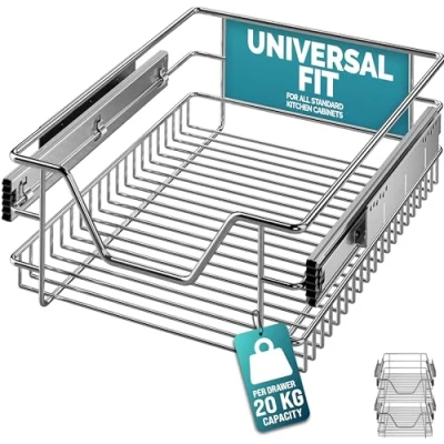 Image of CASARIA® 2x Pull Out Telescopic Kitchen Drawer For 40cm Units 36cm Internal Cabinet Dimensions Chrome Plated 25kg Load Capacity Basket Shelf Organiser Storage Space Saving