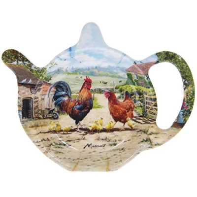 Image of Teapot Shaped Cockerel &amp; Hen Plastic Teabag Tidy Dish Holder