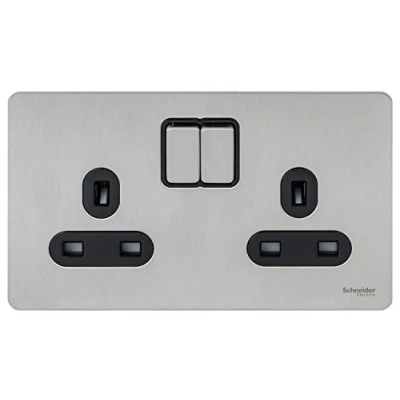 Image of Schneider Electric Ultimate Screwless Flat Plate Double Switched Power Socket, 13A, GU3420BSS, Stainless Steel with Black Insert