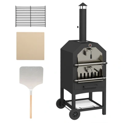 Image of Outsunny 2 in 1 Outdoor Pizza Oven Freestanding BBQ Grill with Rain Cover Thermometer