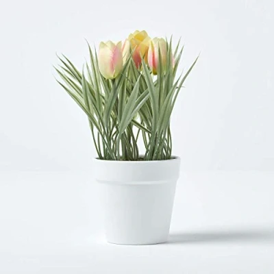 Image of HOMESCAPES Pink &amp; Cream Artificial Tulips Plant In White Plastic Pot 22cm Tall Faux Decorative Potted For Indoor Decoration