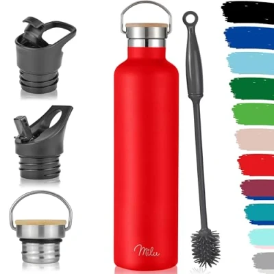 Image of Milu Stainless Steel Drinking Bottle 350ml, 500ml, 750ml, 1l (+3 Lids) Thermo with Straw, Water Bottle, for Hot, Cold &amp; Carbonated Drinks (Red, 1000ml)