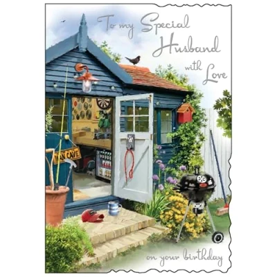 Image of Jonny Javelin Special Husband Birthday Card Happy with Man Cave Shed Design Embossed Foil Details for Men