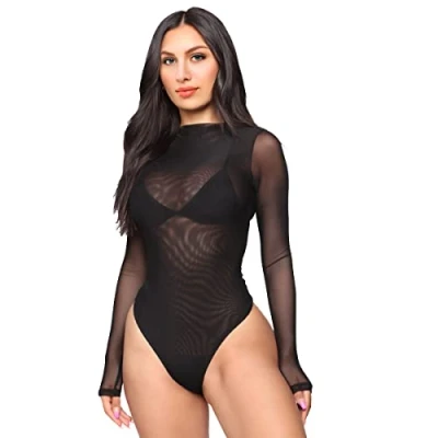 Image of Morices Women Long Sleeves Bodysuit Stretch Sheer Mesh See Through Black Jumpsuit Top Leotard Clubwear L