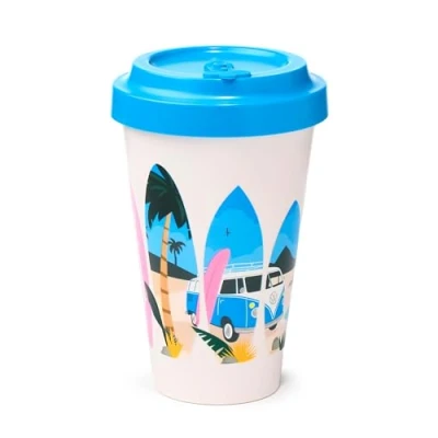 Image of Puckator VW Volkswagen Camper Bus Waves are Calling Reusable Travel Cup Mug 400ml Out of Recyc&#039; Plastic Bottles Thermos Insulated Coffee Tumbler with Lid Leakproof Drink Flask