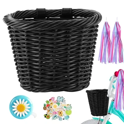 Image of Veeteah Wicker Basket,Natural Basket Front Handlebar Cargo With Bell And 2 Streamers, Various Interesting Stickers, Black, For Kids