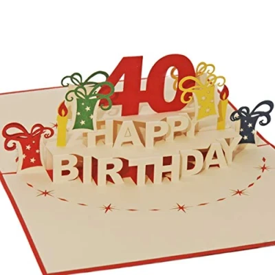Image of Favour Pop Up greeting Card for the Round 40.Birthday. An original 3D card, a handcrafted filigree work of art that unfolds when you open designed red envelope.TA40R