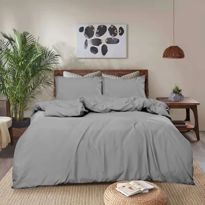 Image of REHAN &amp; CO Double Duvet Set Grey Soft Brushed Microfiber Bedding Cover Sets Plain Quilt With Pillow Cases.