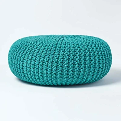 Image of HOMESCAPES Teal Green Knitted Pouffe Footstool Occasional Seat Bean Filled 100% Cotton for Living Room Children or the Elderly