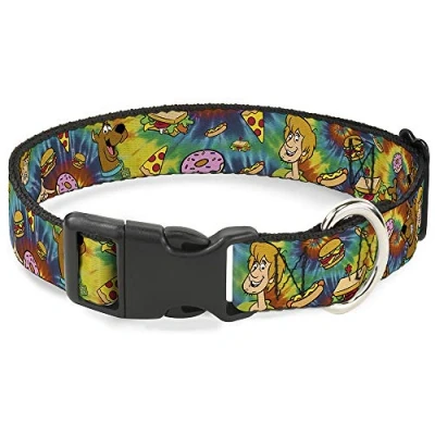 Image of Dog Collar Plastic Clip Scooby Doo and Shaggy Poses Munchies Tie Dye Multi Color 15 to 26 Inches 1.0 Inch Wide