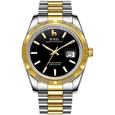 Image of BUREI Mens Quartz Watches Black Dial Date Display Sapphire Crystal Lens with Two Tones Stainless Steel Band