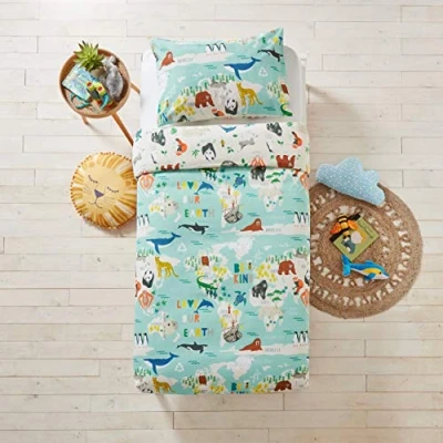 Image of little furn. Love Our Earth Duvet Cover and Pillowcase Set, Blue, Toddler
