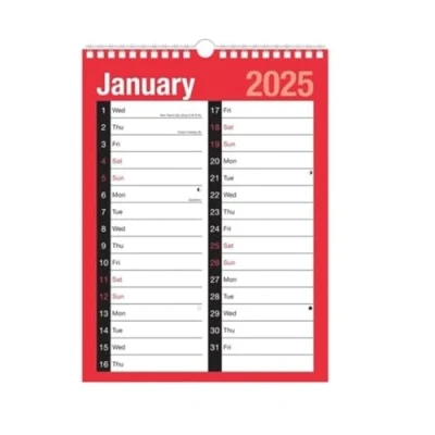 Image of 2025 A4 Extra Wide 2 Column Month To View Spiral Bound Wall Planner Calendar Office Home