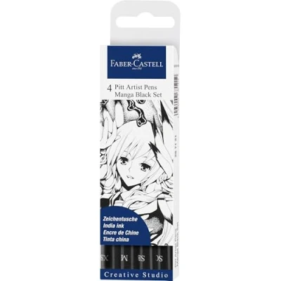 Image of Faber Castell Creative Studio Pitt Artist Pen India Ink Pen, Black, Wallet Of 4, For Art, Craft, Drawing, Sketching, Home, School, University, Colouring