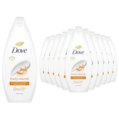 Image of Dove Fruity Nourish Body Wash 0% Sulfate SLES for Women Made with Naturally Derived Cleansers and Plant Based Moisturiseres Gently Cleanses Softer Smoother Skin, 225ml Pack of 12