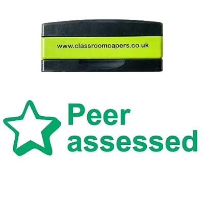 Image of Peer assessed Self Inking, Stakable Teacher Stamps, Pre Inked for Feedback Marking. Green Ink