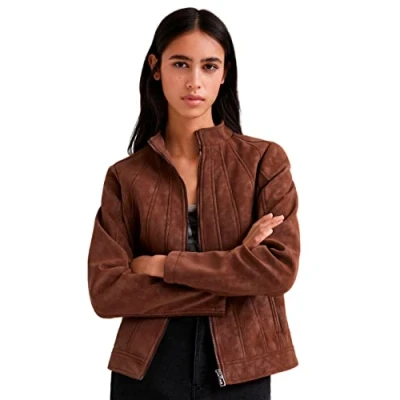 Image of Desigual Mar Faux Suede Biker Jacket 6 Colours Recycled Fabric 22SWEW30 Brown