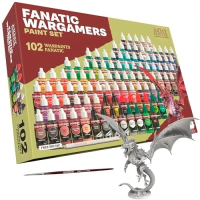 Image of The Army Painter, Warpaints Fanatic Wargamers set Combo, 102 x 18 ml Acrylic Paints, incl. Metallics, Washes, Effects, 2 brushes &amp; 1 Miniature paint for D&amp;D Warhammer Miniatures