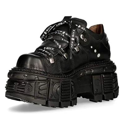 Image of New Rock Shoes Leather Military Unisex Original Platform M.TANK120NSHLACE S1, Black/White, 10 UK