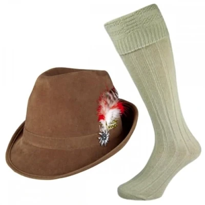 Image of Brown Deluxe Oktoberfest Hat + Wool Blend Socks : Adult Mens Bavarian German Beer Festival Fancy Dress Accessory Set