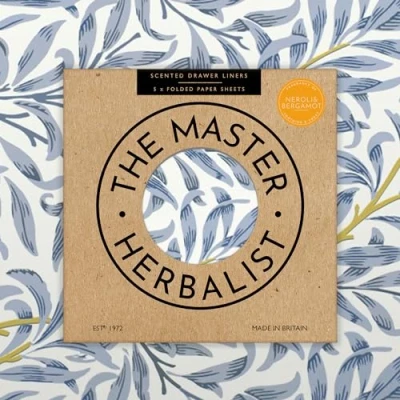 Image of the Master Herbalist Fragrant NEROLI &amp; BERGAMOT Scented Drawer Liners in a BLUE WILLIAM MORRIS Design (FOLDED) Pack of 5 Sheets Contains Essential Oils Made UK