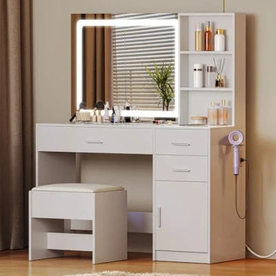 Image of YITAHOM Dressing Table, Glass Top Vanity Table Makeup Desk with 3 Drawers and Storage Cabinets, White Bedroom Tables Mirror Stool, Make up Charging Station