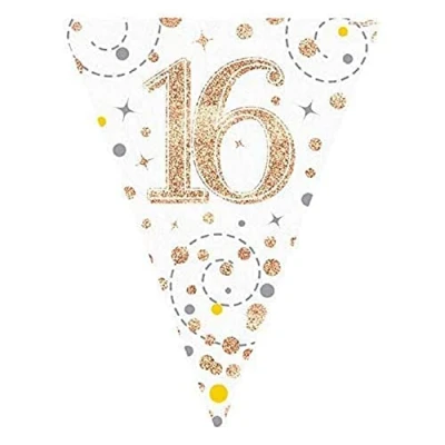 Image of Party Bunting Sparkling Fizz 16 White &amp; Rose Gold Holographic 11 flags 3.9m