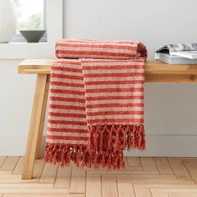 Image of Catherine Lansfield Stripe Chenille, 130x170 cm, Blanket Throw, Terracotta