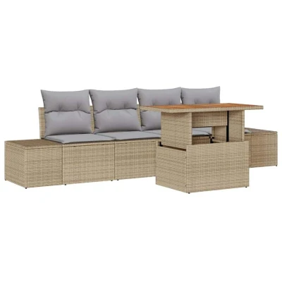 Image of vidaXL 5 Piece Garden Dining Set with Cushions Beige Poly Rattan Acacia