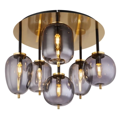 Image of Blacky I Globe Ceiling Light Brass Coloured Matt Smoke Glass Shade 6x E14