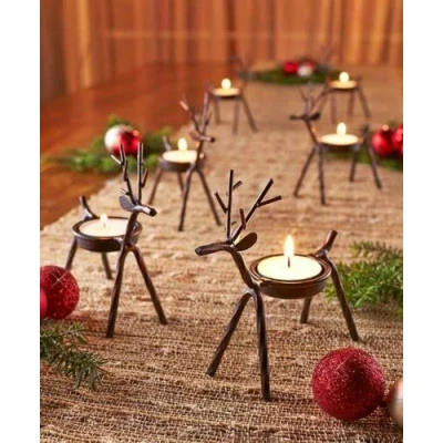 Image of Marco Paul Christmas Metal Reindeer candle Holders Rustic Antique Brown and Hand painted Set of 6 Light Ornament Decorative Gift accessories for Xmas table, window Home Decor