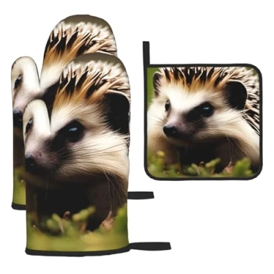 Image of Hedgehog Oven Mitts and Potholders BBQ Gloves Holders for Cooking Baking (3 Piece Set)