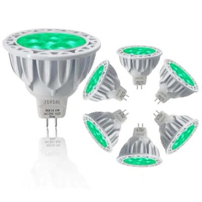 Image of JSVSAL MR16 GU5.3 Bi Pin Base Green Led Bulbs 5W Dimmable,35W 50W Halogen Equivalent,AC/DC 12V Low Voltage,40 Degree Spotlights for Landscape Yard Garden Tree Pool Holiday Lighting,6 Pack