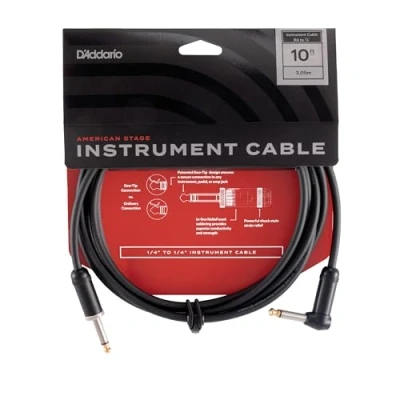 Image of D’Addario Accessories American Stage Guitar Cable Premium Instrument with ¼ Inch Ends Cord Made in the USA Straight to Right Angle 10 feet