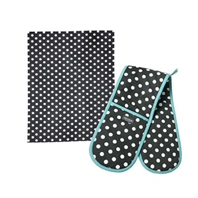 Image of Dexam Polka Slate Grey Tea Towel &amp; Double Oven Glove Set