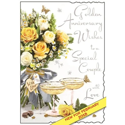 Image of Illustrated Golden Anniversary Card (JJ9356) Special Couple From The Velvet Range Embossed With A Silver Foil &amp; Flitter Finish