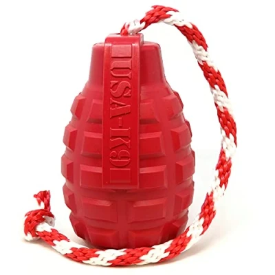 Image of SodaPup USA K9 Grenade Reward Toy Durable Chew With Rope Treat Dispenser Natural Rubber Red Large
