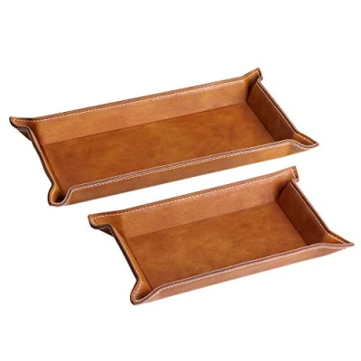 Image of Navaris Faux Leather Tray Set 2 Valet Organiser Trays for Bedside Table, Night Stand, Desk Store Keys, Change, Wallet, Phone, Glasses Brown