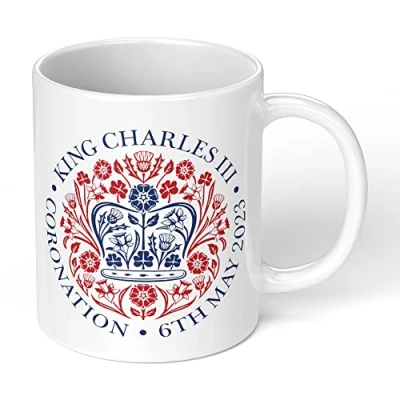 Image of Print Maniacs Kings Coronation Mug 2023 Official Emblem King Charles III Commemorative Souvenir Gift His Majesty The Royal Memorabilia Gifts (White)