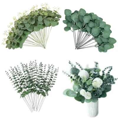 Image of RHQFDM 30 Pieces Artificial Eucalyptus Branches Green Plastic Plants Decoration Leaves for Weddings,Gardens,Office Decorations（3 Styles）