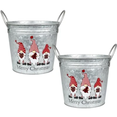 Image of Fyne Finds Merry Christmas Tin Pail Gnome Gonk 18cm, 7inch Plant Pot Handles 2.6L Festive Planter Decor Xmas Gift (2)